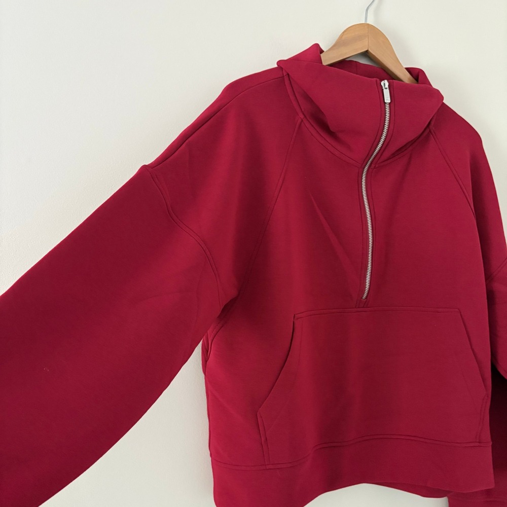 Calia Pullover 1/4 Zip Soft Scuba Sweatshirt L Red Funnel Neck Kangaroo Pocket - Picture 6 of 11